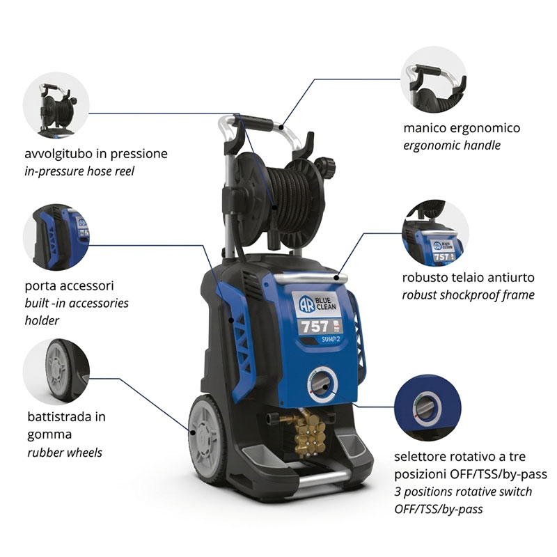 Annovi Reverberi 757 RLW Dual Pro 15764 - Idropulitrice ad Acqua Fredda 190 bar con Avvolgitubo