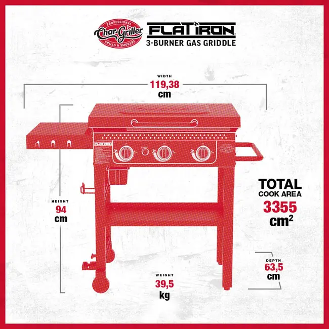 Char-Griller Flat Iron 3 Burner - Griglia a gas barbecue con 3 fuochi indipendenti