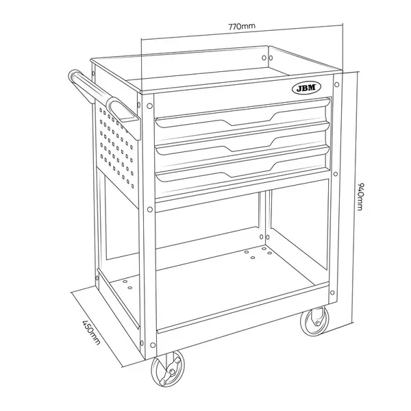 JBM 54839 - Carrello da Lavoro Professionale con 3 Cassetto, Vassoio e Griglie