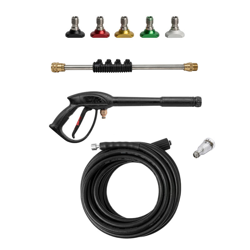 L'équipement standard du nettoyeur haute pression Lavor Kama 1409 comprend un tuyau haute pression, un pistolet, une lance, des buses et des raccords.