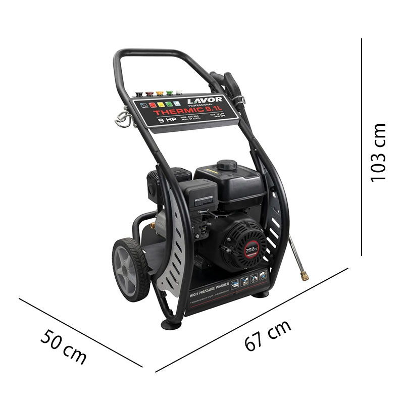 Lavor Thermic 9.1L pressure washer dimensions, professional petrol machine with compact and robust structure