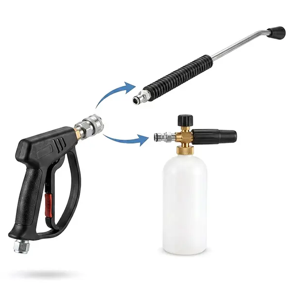 Kit pulizia di qualità per idropulitrice dotato di pistola con attacco rapido a sfere in ottone cromato