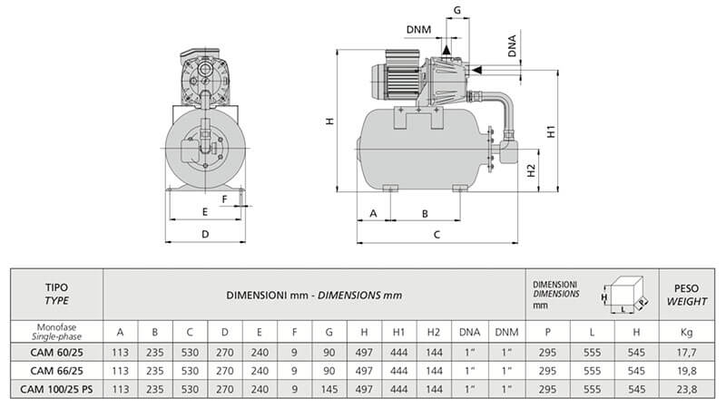 Dimensions Speroni HW 25 Booster Pump