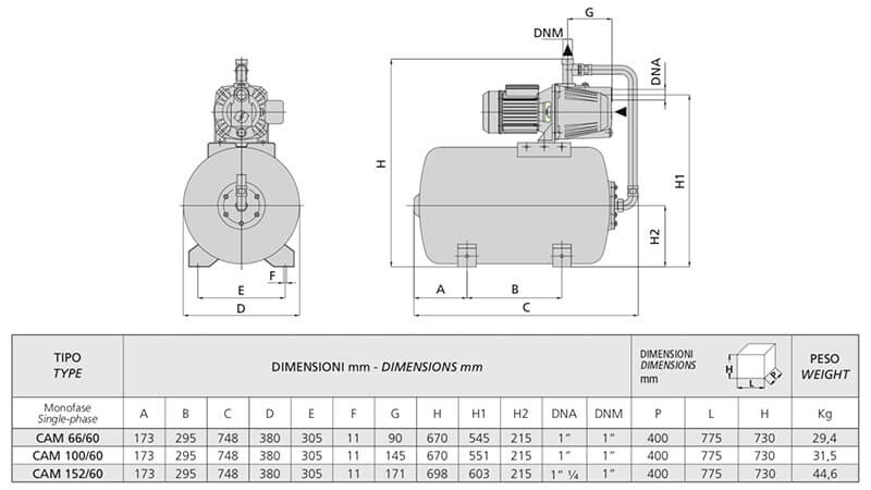 Dimensions Speroni HW 60 Pressure Booster Pump